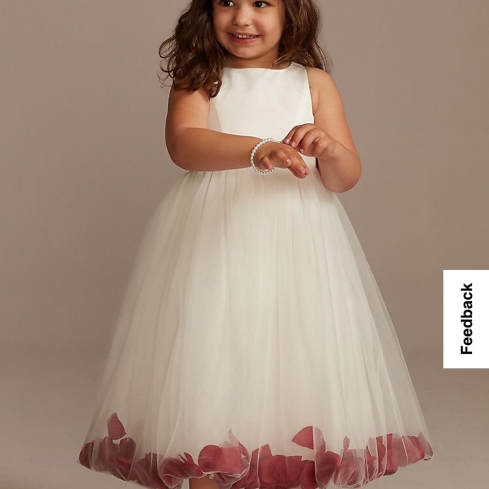 David’s Bridal Satin Tulle Flower Girl Dress with Colored Petals in Ivory/Wine